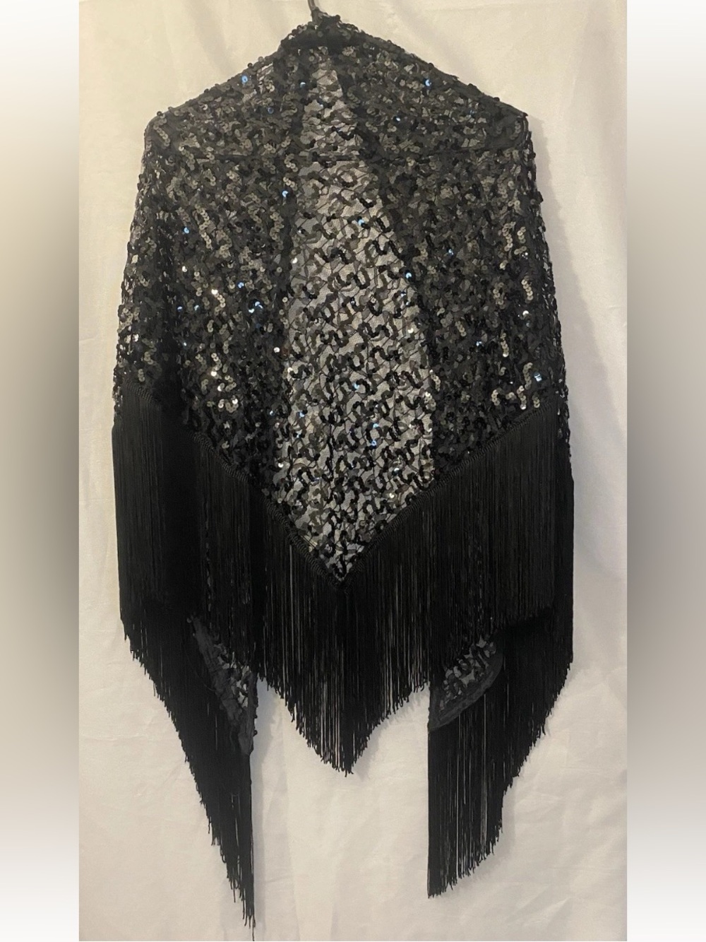 Black Sequin Fringe Shawl - Elegant Evening Wrap